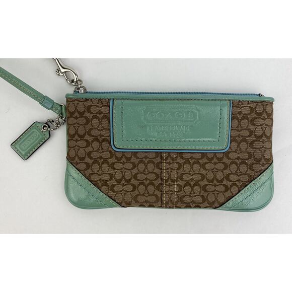 VTG Coach Wristlet Wallet Monogram Brown Canvas Teal Patent Leather Classic - Picture 2 of 9